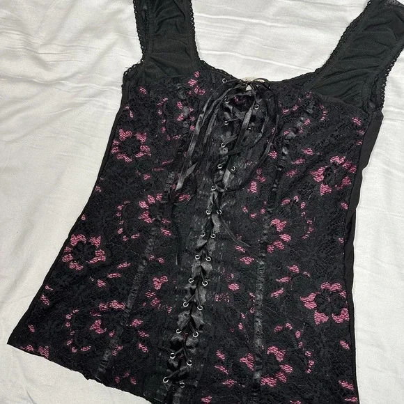 Vintage y2k Lia Lee black/pink lace up mesh corset top - Picture 3 of 5